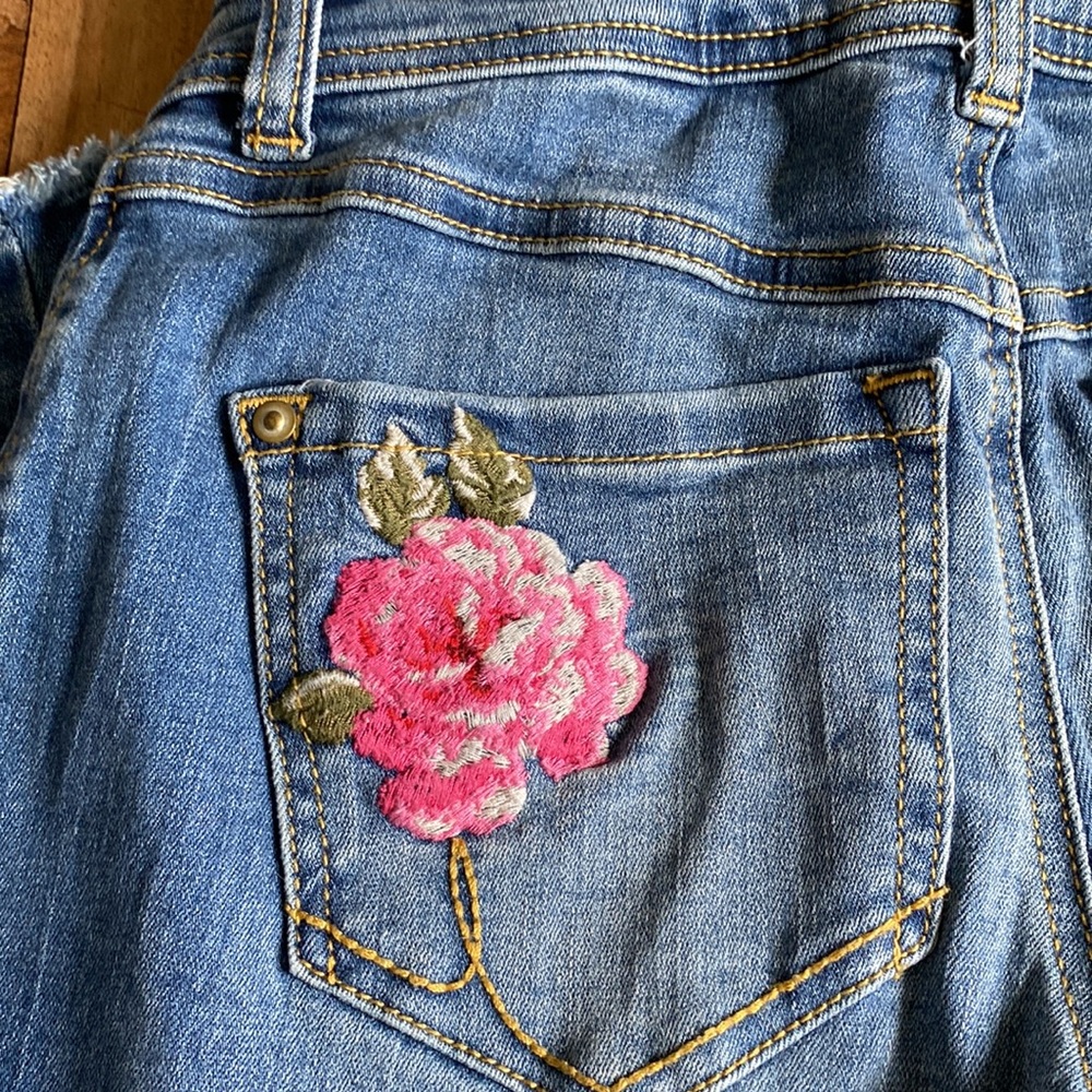 INC International Concepts Blue Skinny Jeans with Red & Pink Floral Embroidery - Picture 7 of 16